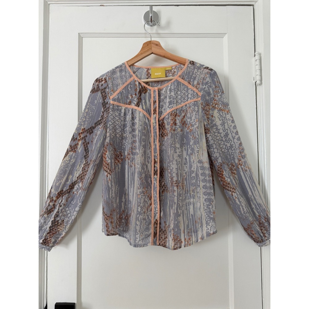 Maeve‎ Anthropologie Silk Blouse Blue Grey Abstract Print Womens XS Office Boho